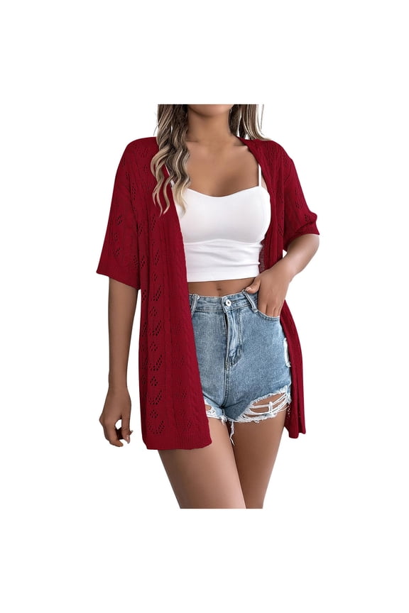 Lightweight Summer Crochet Cardigan for Women Short Sleeve Kimono Boho Casual Open Front Knitted Cardigan Wine M