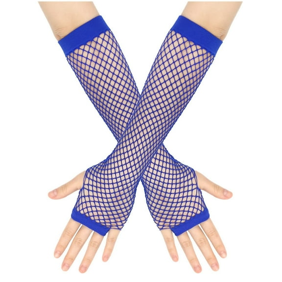 UTSJKR Lone Fishnet Gloves Fingerless for Women Fish Net Arm Sleeve Mesh Emo Goth Punk 80s Scene Accessories Blue