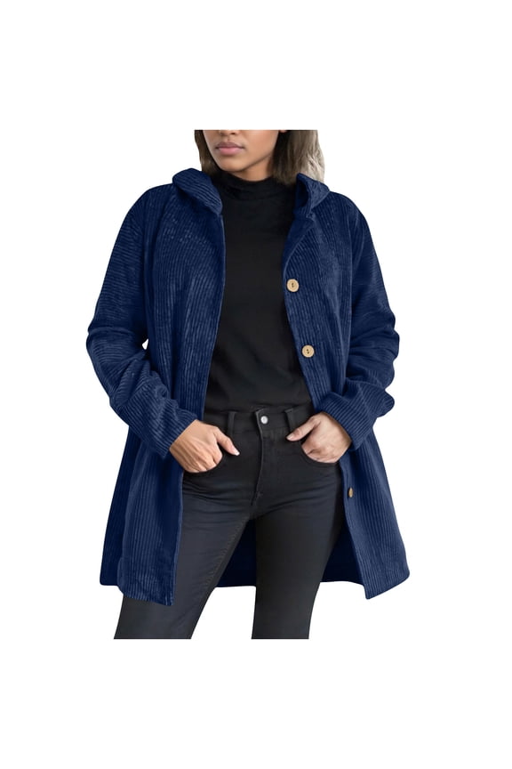 Long Cardigans for Women Trendy Loose Fit Corduroy Jacket Women Casual Fall Button Up Hooded Coat with Pockets Navy XXXL