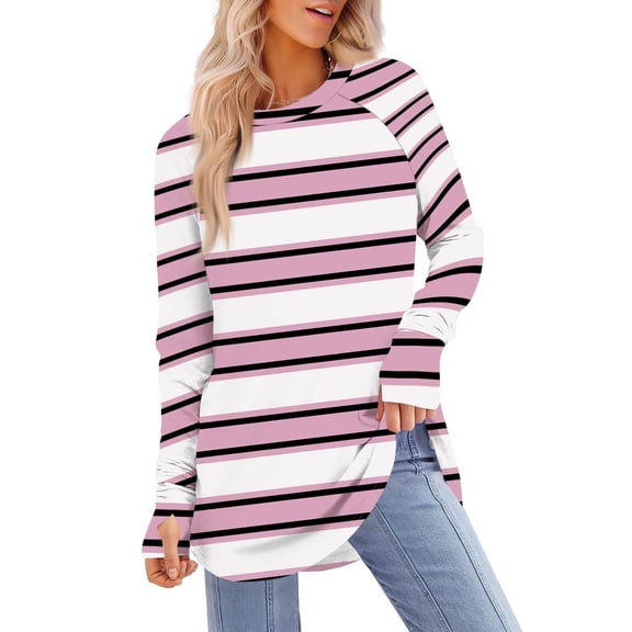 UTSJKR Long Sleeve Shirts for Women Plus Size Spring Round Neck Thumb Hole Tunics Tops Striped Oversized Blouse Dressy Casual Pink S