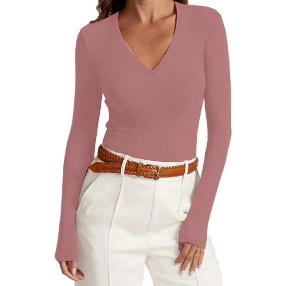 UTSJKR Long Sleeve Shirts for Women V Neck Ribbed Knit Fitted Spring Basic Tshirts Going Out Tops 2026 Casual Trendy Clothes Coffee XL