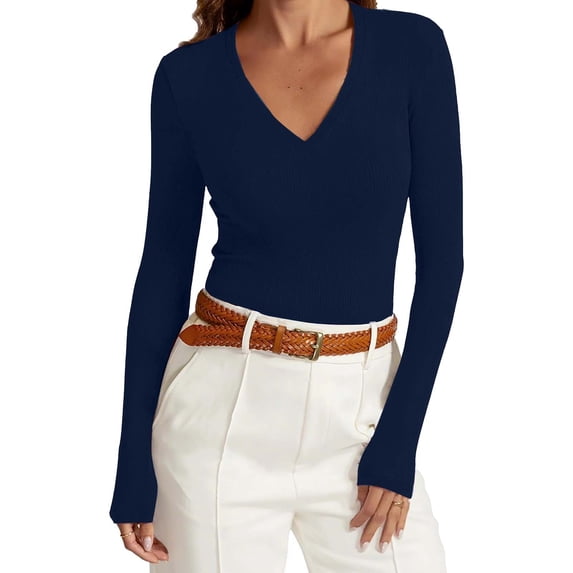UTSJKR Long Sleeve Shirts for Women V Neck Ribbed Knit Fitted Spring Basic Tshirts Going Out Tops 2026 Casual Trendy Clothes Navy M