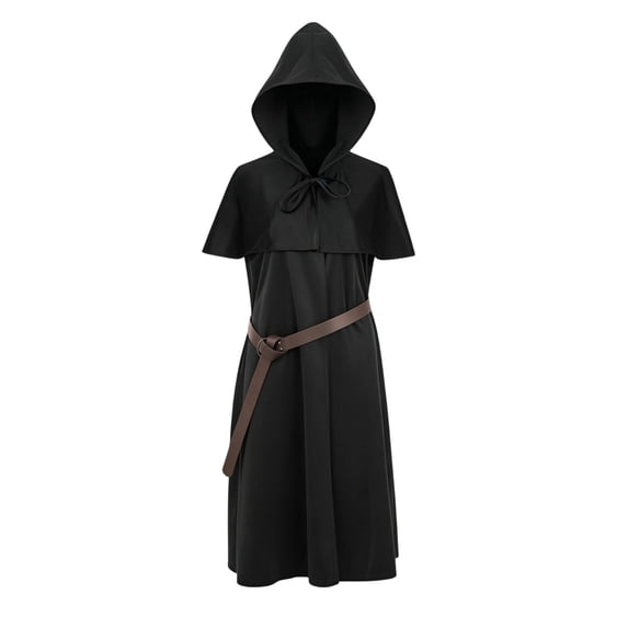UTSJKR Medieval Hooded Robe with Attached Capelet, Short‑Sleeve Cosplay Costume Dress with Belt, Vintage Outfit for Monk Wizard Themed Events Black XXL