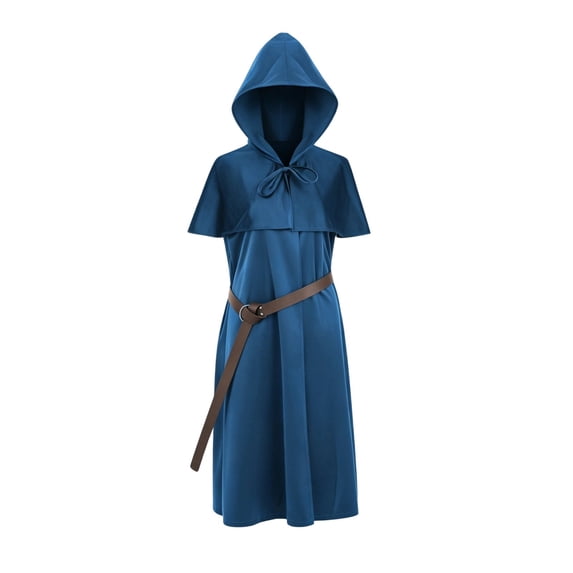UTSJKR Medieval Hooded Robe with Attached Capelet, Short‑Sleeve Cosplay Costume Dress with Belt, Vintage Outfit for Monk Wizard Themed Events Blue XXL