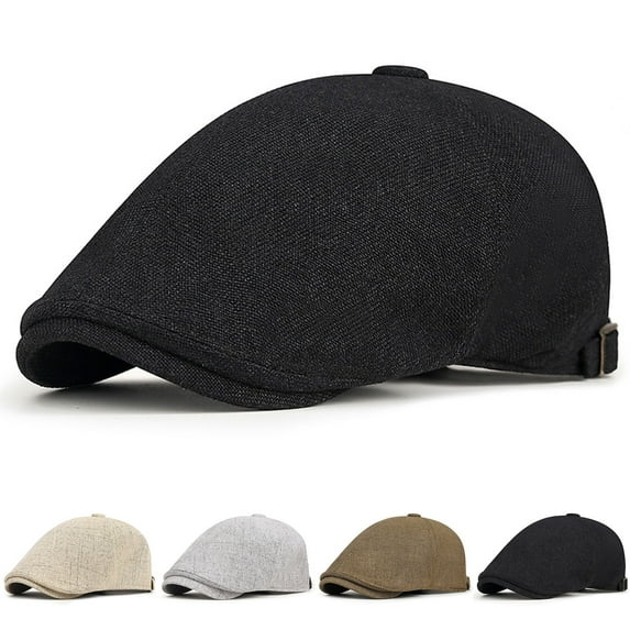 UTSJKR Men Linen Newsboy Cap Soft Fit Cabbie Hat Newsboy Cap Unisex Vintage Solid Color Caps Herringbone Cabbie Flat Beret Hats Black