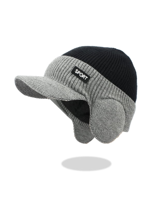 Men Sports Style Brimmed Knit Earflap Hat, Thick Thermal Warm Fabric, Outdoor Skiing Running Cold Weather Casual Fashion Headwear Black