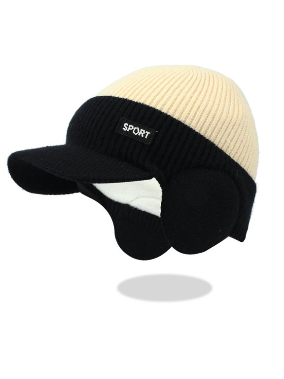 Men Sports Style Brimmed Knit Earflap Hat, Thick Thermal Warm Fabric, Outdoor Skiing Running Cold Weather Casual Fashion Headwear White