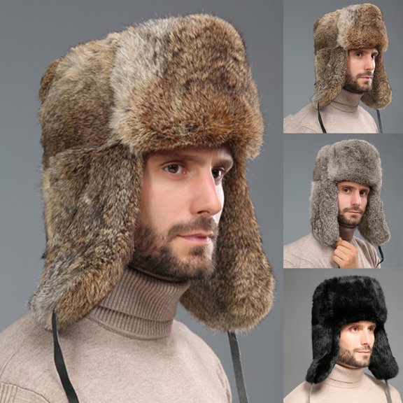 UTSJKR Men Trapper Hat Winter Russian Ushanka Hat with Faux Rabbit Fur Earflap Hat Windproof for Hunting Skiing Black