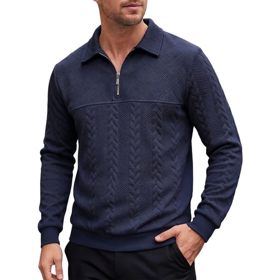 UTSJKR Men's Cable Knit Detail Textured Knit Quarter-Zip Button up Collared Sweater, Collared Casual Pullover, Fall Winter Daily Street Warm Leisure Wear Navy L