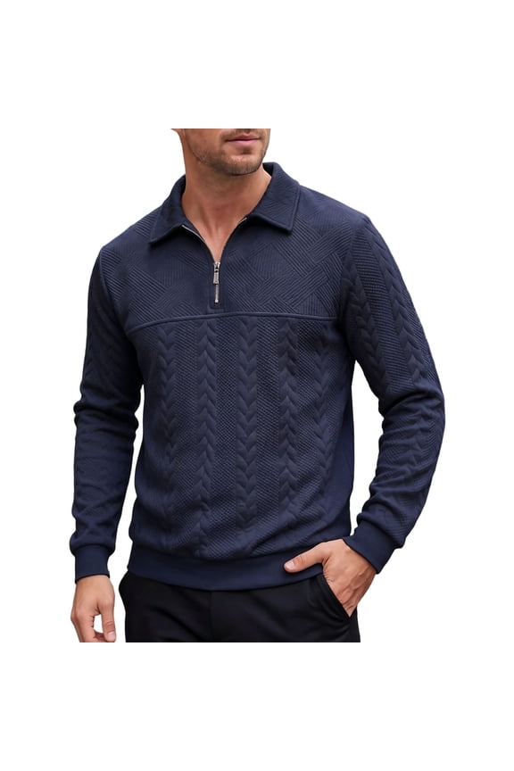 Men's Cable Knit Detail Textured Knit Quarter-Zip Button up Collared Sweater, Collared Casual Pullover, Fall Winter Daily Street Warm Leisure Wear Navy S