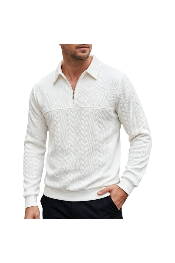 Men's Cable Knit Detail Textured Knit Quarter-Zip Button up Collared Sweater, Collared Casual Pullover, Fall Winter Daily Street Warm Leisure Wear White XXL