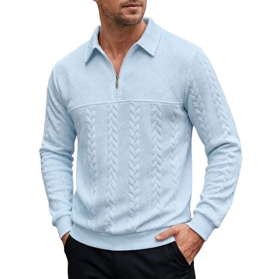 UTSJKR Men's Cable Knit Detail Textured Knit Quarter-Zip Button up Collared Sweater, Collared Casual Pullover, Fall Winter Daily Street Warm Leisure Wear Light Blue XL