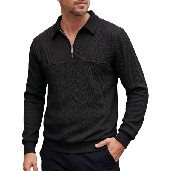 UTSJKR Men's Cable Knit Detail Textured Knit Quarter-Zip Button up Collared Sweater, Collared Casual Pullover, Fall Winter Daily Street Warm Leisure Wear Black S