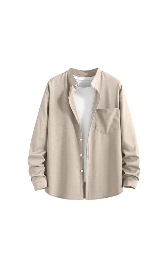 Men's Chest Pocket Oversized Mandarin Collar Long Sleeve Shirt, Loose Fit Top, Daily Street Outdoor Ethnic Style Leisure Wear Beige L
