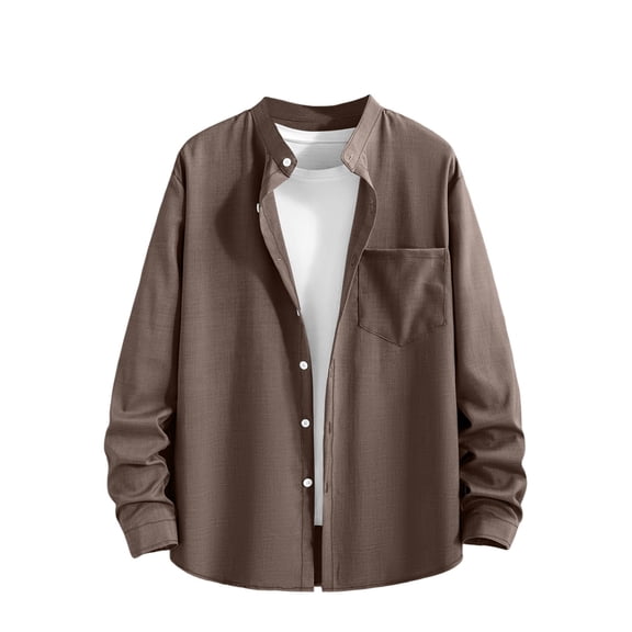 UTSJKR Men's Chest Pocket Oversized Mandarin Collar Long Sleeve Shirt, Loose Fit Top, Daily Street Outdoor Ethnic Style Leisure Wear Brown L