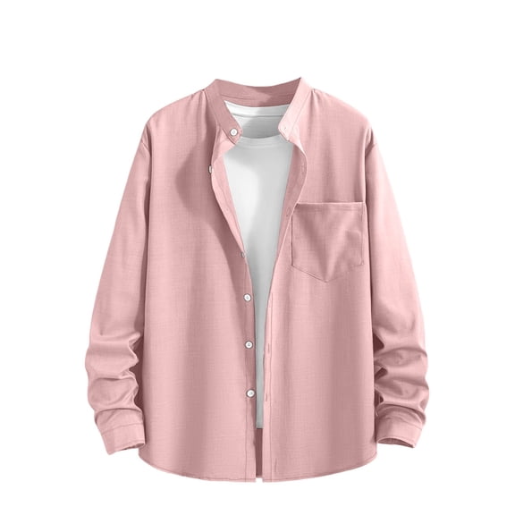 UTSJKR Men's Chest Pocket Oversized Mandarin Collar Long Sleeve Shirt, Loose Fit Top, Daily Street Outdoor Ethnic Style Leisure Wear Pink L