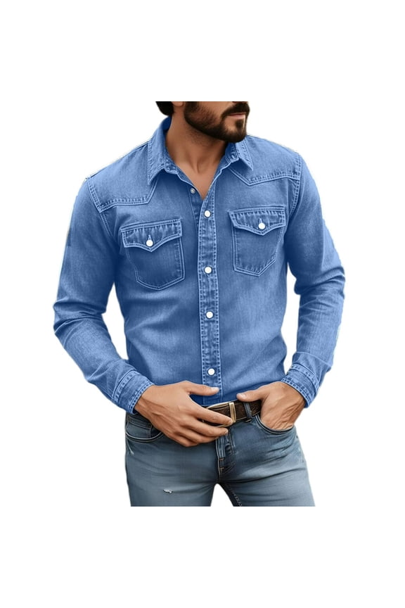 Men's Classic Denim-Style Long Sleeve Button-Down Shirt, Western Retro Pocket Turn-Down Collar Top, Daily Travel Street Casual Male Clothing Blue M