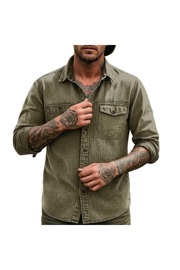 Men's Classic Washed Solid Denim Long Sleeve Shirt, Western Vintage Pocket Button-Down Top, Daily Travel Street Casual Fashion Wear Army Green M