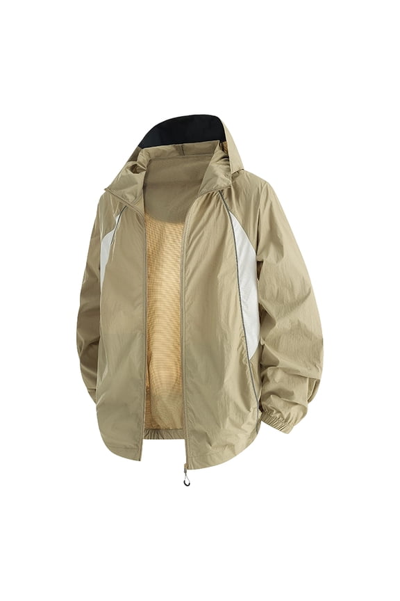 Men's Contrast Panel Elastic Cuff Portable Packable Hooded Windbreaker, Casual Jacket, Travel Hiking Daily Outdoor Windproof Wear Coffee L