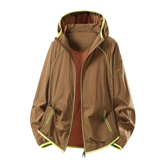 UTSJKR Men's Contrast Piping Color Trim Hooded Sun Protection Jacket, Quick Dry Windbreaker, Outdoor Hiking Beach Daily Anti UV Wear Coffee M