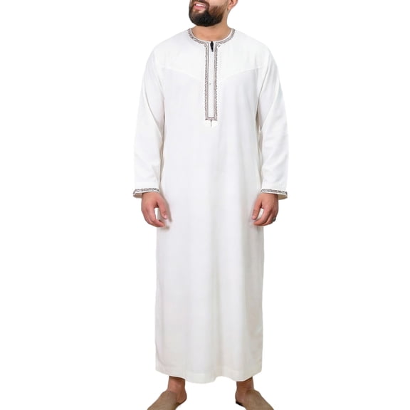 UTSJKR Men's Decorative Neckline Embroidered Crew Neck Islamic Thobe, Casual Traditional Tunic, Ethnic Religious Home Daily Wear White S