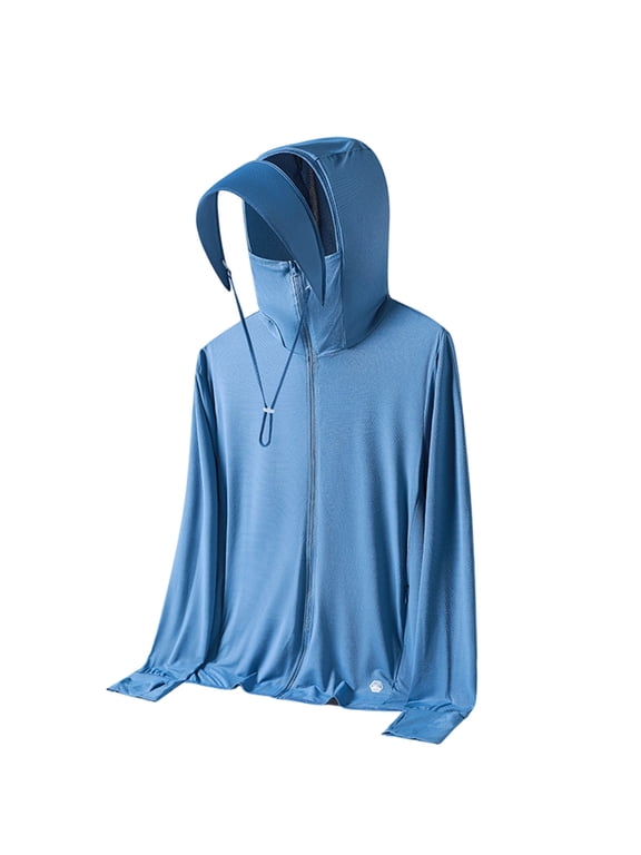 Men's Detachable Brim UPF 50+ Sun Proof Hooded Jacket, Quick Dry Outdoor Top, Summer Beach Hiking Daily Sun Protection Wear Blue M