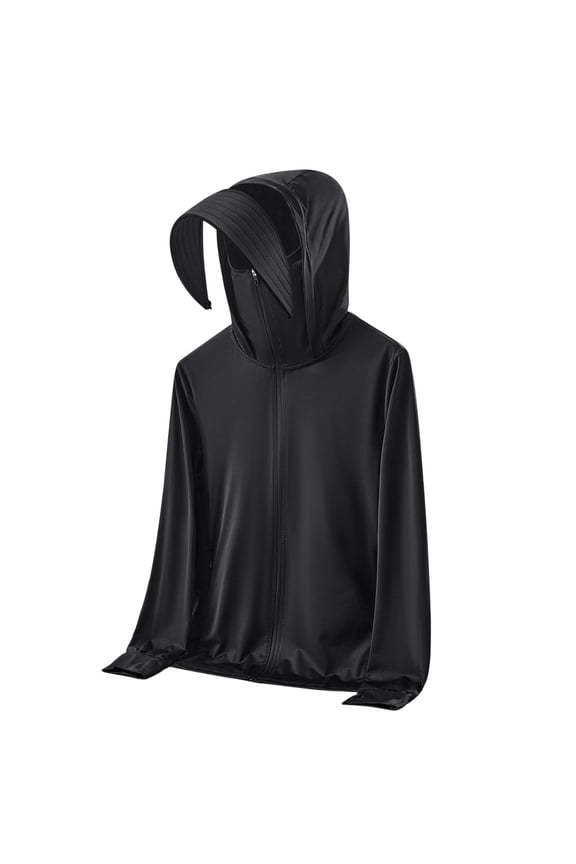 Men's Full Face Cover UPF 50+ Sun Protection Hooded Jacket, Quick Dry Outdoor Top, Fishing Hiking Beach All Day Anti UV Wear Black L