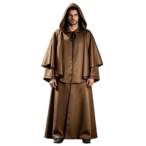 UTSJKR Men’s Halloween Hooded Robe Cloak, Tie‑Up Closure Long Cape, Vintage Medieval Style Outfit for Cosplay, Stage Performance and Themed Party Coffee XXL