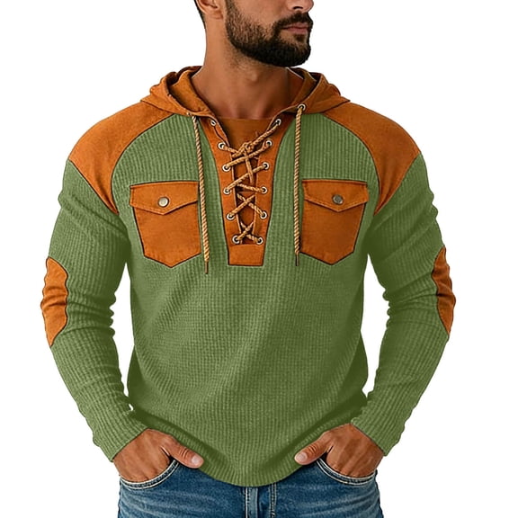 UTSJKR Men's Patch Pocket Lace-Up Hooded Waffle Knit Pullover, Adjustable Drawstring Hood Top, Daily Home Street Outdoor Casual Comfort Wear Army Green XXL