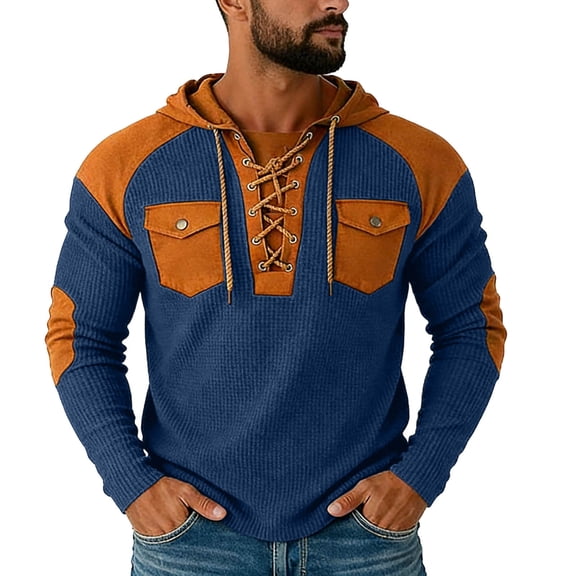 UTSJKR Men's Patch Pocket Lace-Up Hooded Waffle Knit Pullover, Adjustable Drawstring Hood Top, Daily Home Street Outdoor Casual Comfort Wear Navy L