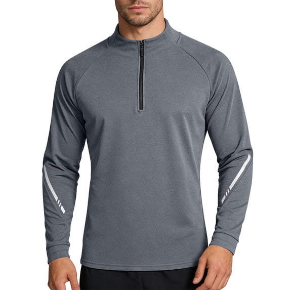 UTSJKR Men's Reflective Strip Half-Zip Long Sleeve Athletic Shirt, Quick Dry Pullover Top, Night Running Outdoor Sports Fitness Safety Wear Gray M