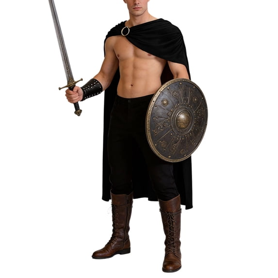 UTSJKR Men’s Retro Knight‑Style Hooded Cape, Matching Wrist Guards Included, Solid Medieval Cloak for Halloween Cosplay, Larp and Renaissance Festival Events Black L