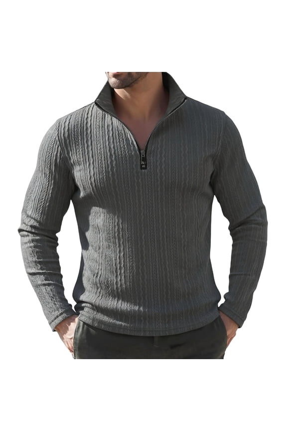 Men's Ribbed Trim Slim Fit Cable Knit Quarter-Zip Sweater, Cold Weather Pullover Top, Daily Home Outdoor Street Warm Casual Wear Gray M