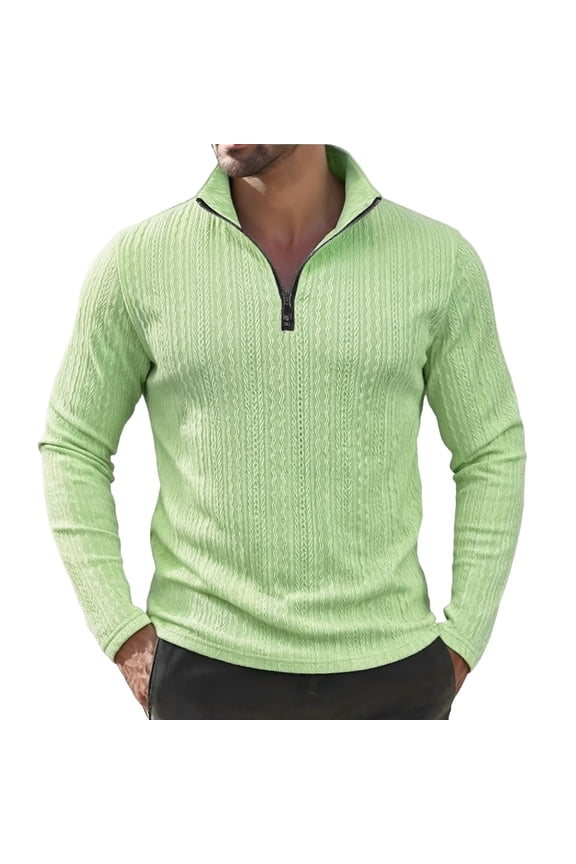 Men's Ribbed Trim Slim Fit Cable Knit Quarter-Zip Sweater, Cold Weather Pullover Top, Daily Home Outdoor Street Warm Casual Wear Green M