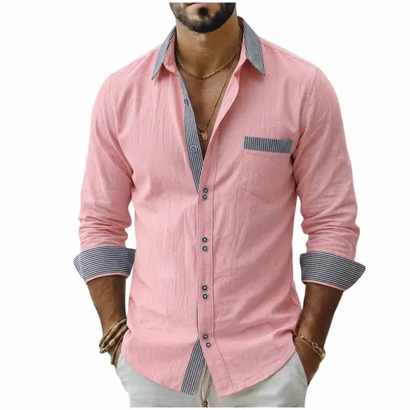 UTSJKR Men's Roll-Up Cuff Chest Pocket Contrast Trim Long Sleeve Button-Down Shirt, Casual Top, Daily Street Outdoor Dating Leisure Wear Pink S