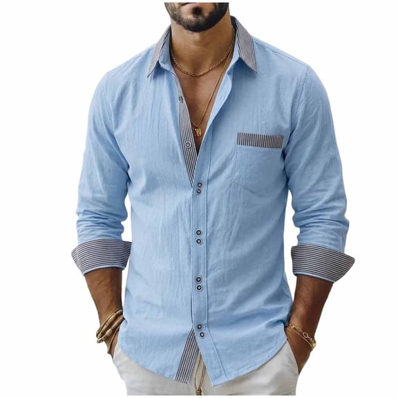 UTSJKR Men's Roll-Up Cuff Chest Pocket Contrast Trim Long Sleeve Button-Down Shirt, Casual Top, Daily Street Outdoor Dating Leisure Wear Sky Blue M