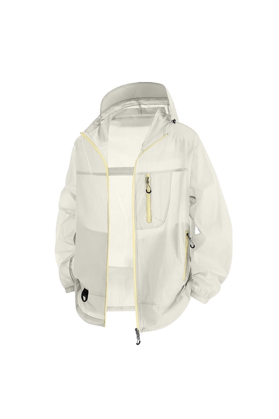 Men's Ruched Front Design Water Resistant Hooded Windbreaker, Outdoor Casual Jacket, Mountain Hiking Daily Street Windproof Apparel Beige XXXXL