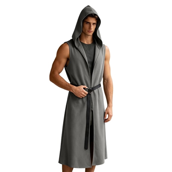 UTSJKR Men’s Sleeveless Hooded Long Vest Robe with Waist Belt for Medieval Wizard Cosplay Halloween Party Role‑Play Costume Outfit Gray L