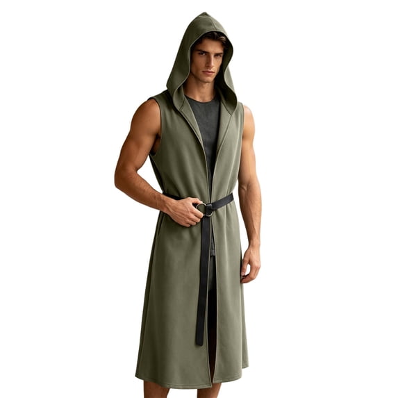 UTSJKR Men’s Sleeveless Hooded Long Vest Robe with Waist Belt for Medieval Wizard Cosplay Halloween Party Role‑Play Costume Outfit Green L