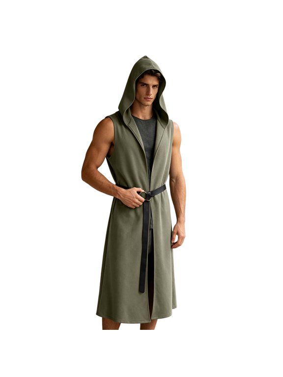 Men’s Sleeveless Hooded Long Vest Robe with Waist Belt for Medieval Wizard Cosplay Halloween Party Role‑Play Costume Outfit Green S