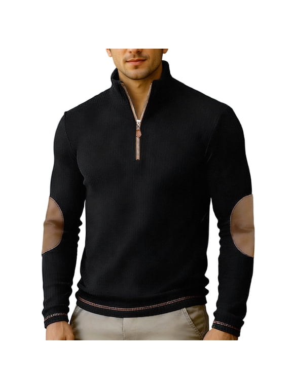 Men's Slim Fit Ribbed Half-Zip Mock Neck Sweater, Suede Elbow Patch Decor Top, Fall Winter Daily Commute Street Casual Warm Wear Black XL