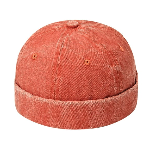 UTSJKR Men's Solid Color Washed Cotton Brimless Docker Beanie Caps Street Rolled Cuff Sailor Cap Worker Hat Brimless Hats Orange
