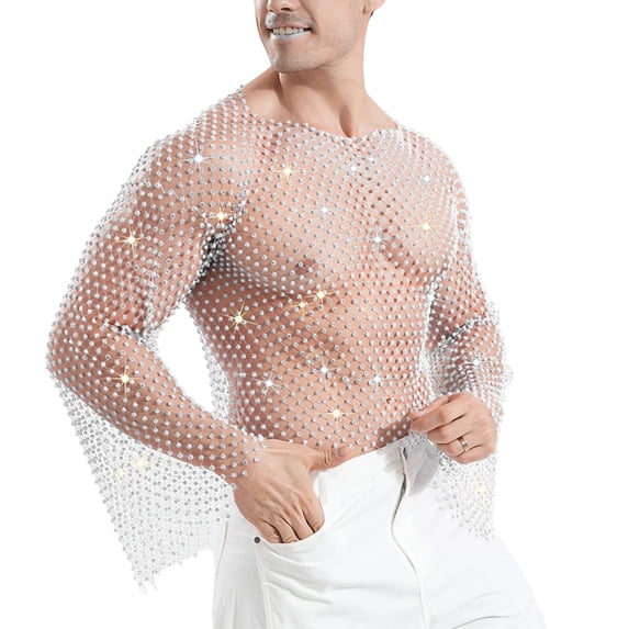 UTSJKR Men's Sparkling Rhinestone Mesh Long Sleeve Top, Sheer Fishnet Shirt, Party Concert Stage Performance Trendy Fashion Wear White XL