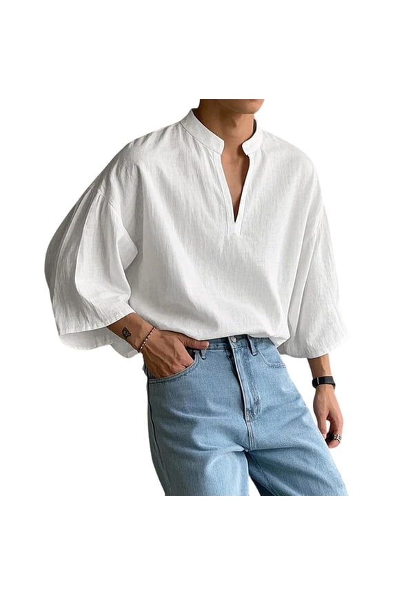 Men's Stand Collar V-Neck Oversized Three Quarter Sleeve Linen-Blend Shirt, Casual Top, Summer Beach Daily Leisure Street Ethnic Wear White S