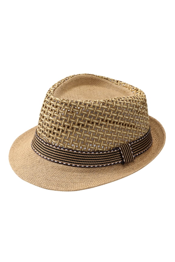 Men's Striped Band Straw Fedora Hat, Classic Jazz Breathable Adjustable Cap Casual Formal Occasion Khaki