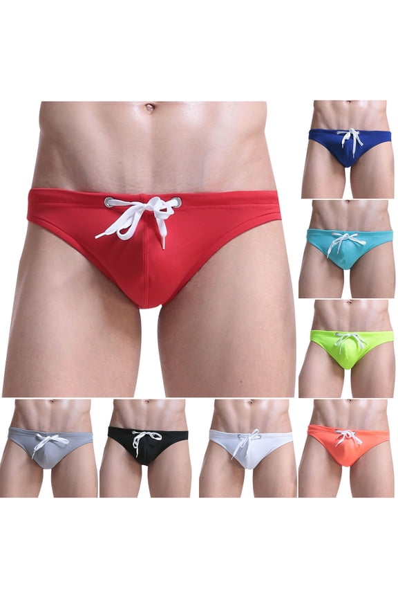 Men's Swimwear One Piece Solid Color Lace-up Bottom Triangle Briefs Underwear Bathing Suit with Adjustable Drawstring Black XL
