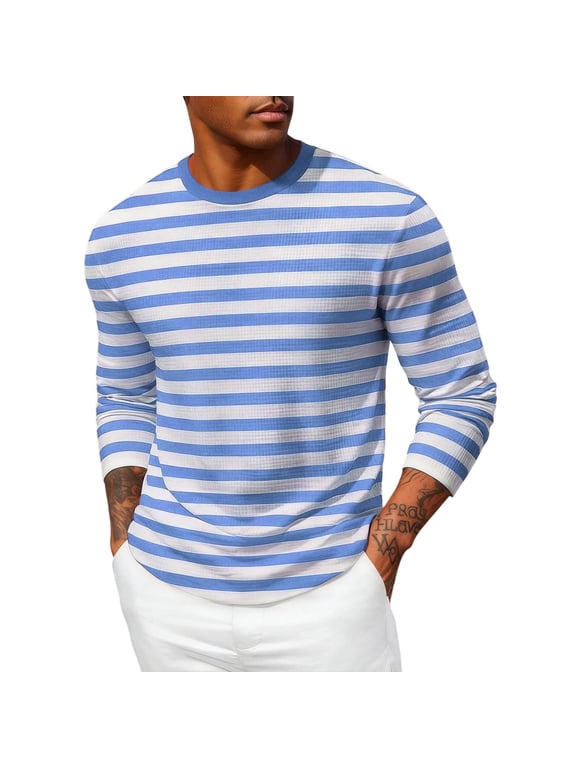 Men's Textured Waffle Knit Long Sleeve Crew Neck T-Shirt, Fashion Basic Pullover Top, Versatile Daily Outdoor Street Casual All Season Wear Light Blue S