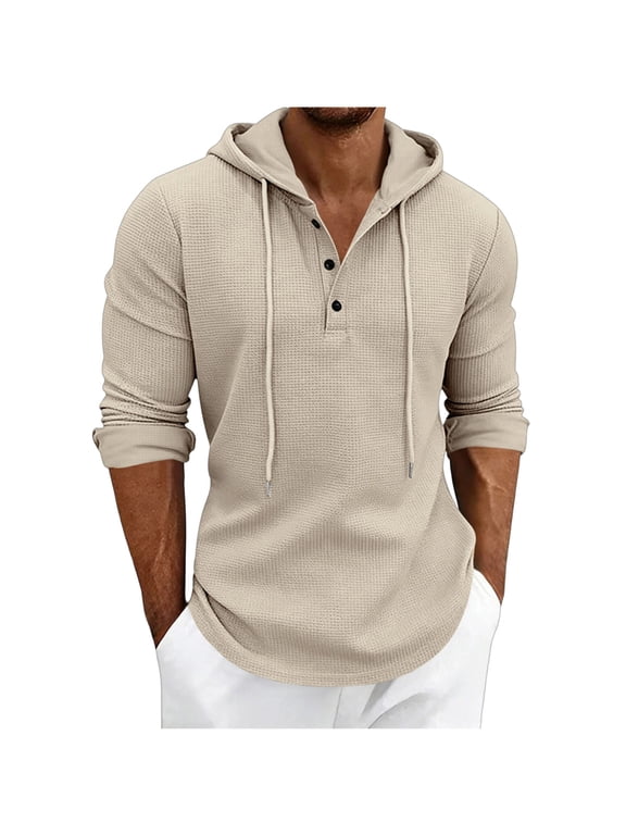 Men's Trendy Drawstring Hooded Long Sleeve Pullover, Solid Color Button Front Sweatshirt, Fashion Urban Street Daily Casual Relaxed Fit Wear Khaki S