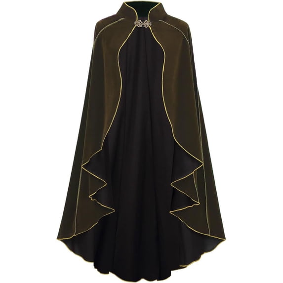 UTSJKR Men’s Velvet Full‑Length Cloak, Gold Trim Stand Collar Cape, Decorative Clasp Closure Flowy Robe for Vintage Cosplay and Formal Costume Party Brown