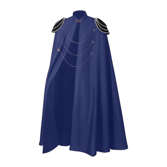 UTSJKR Men’s Vintage Stand‑Up Collar Full‑Length Cloak with Ornate Shoulder Chain Accent, Medieval Robe for Halloween Cosplay, Stage Role‑Play and Costume Gathering Navy